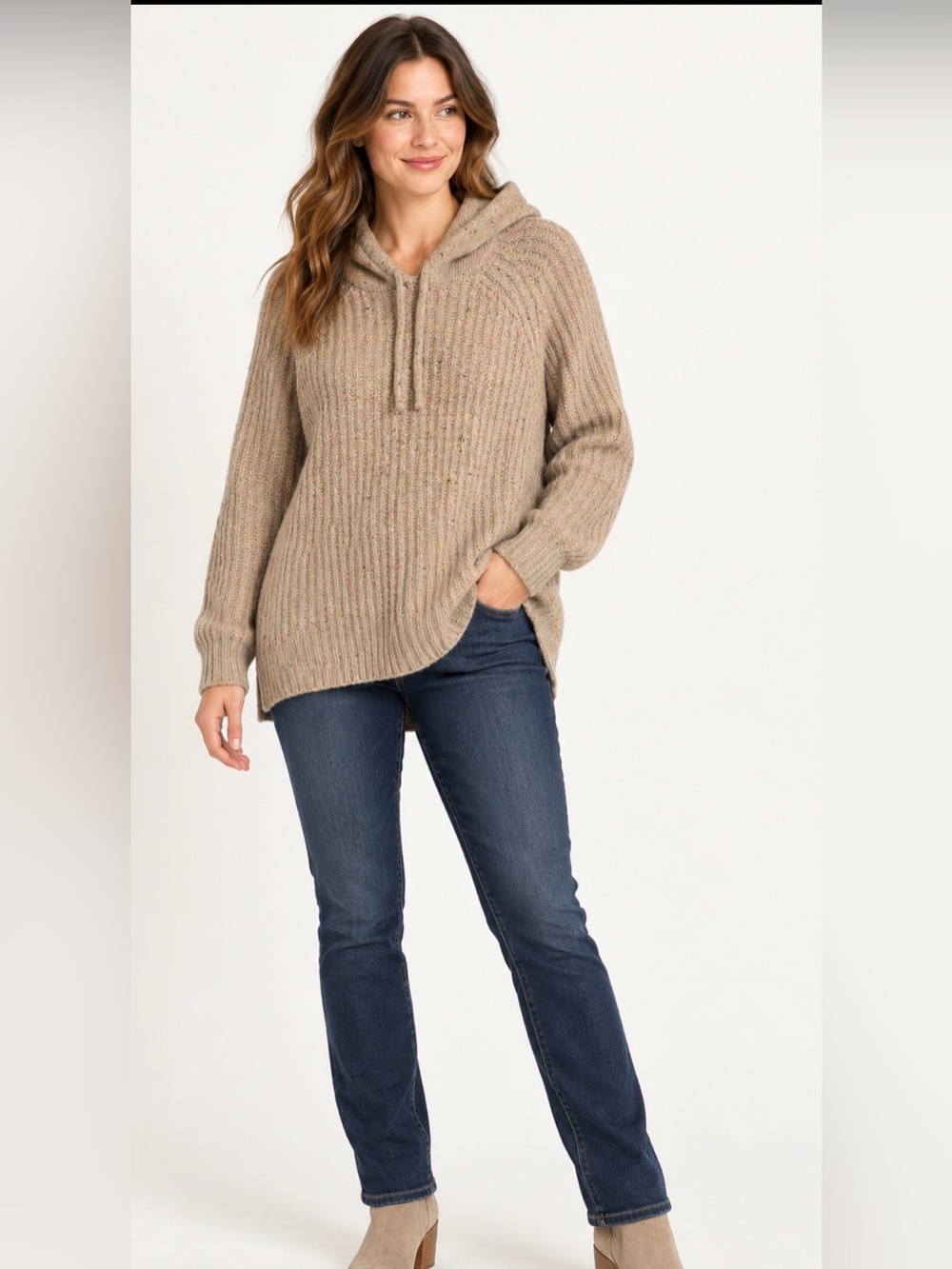 Aerie XS Taupe Confetti Knit Hooded Sweater